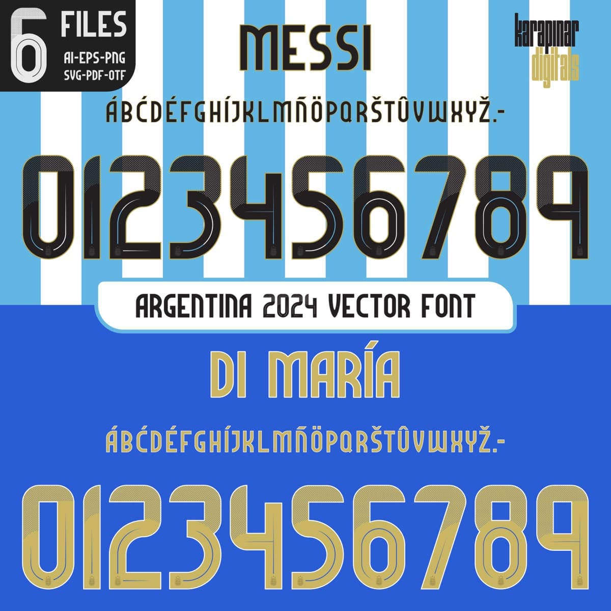 Argentina 2024 football jersey font for Argentina National Team — vector letters and numbers preview