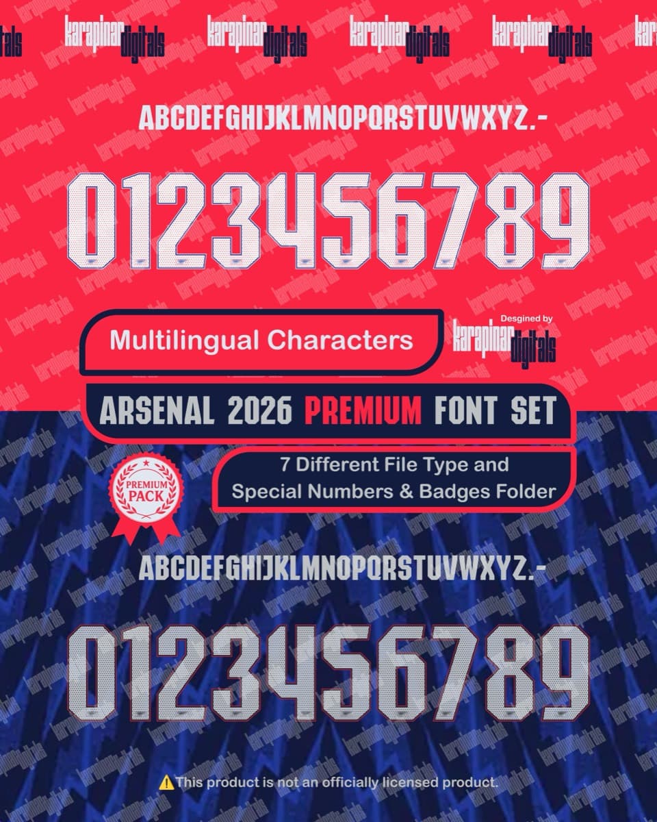 Arsenal 2026 football jersey font for Arsenal — vector letters and numbers preview