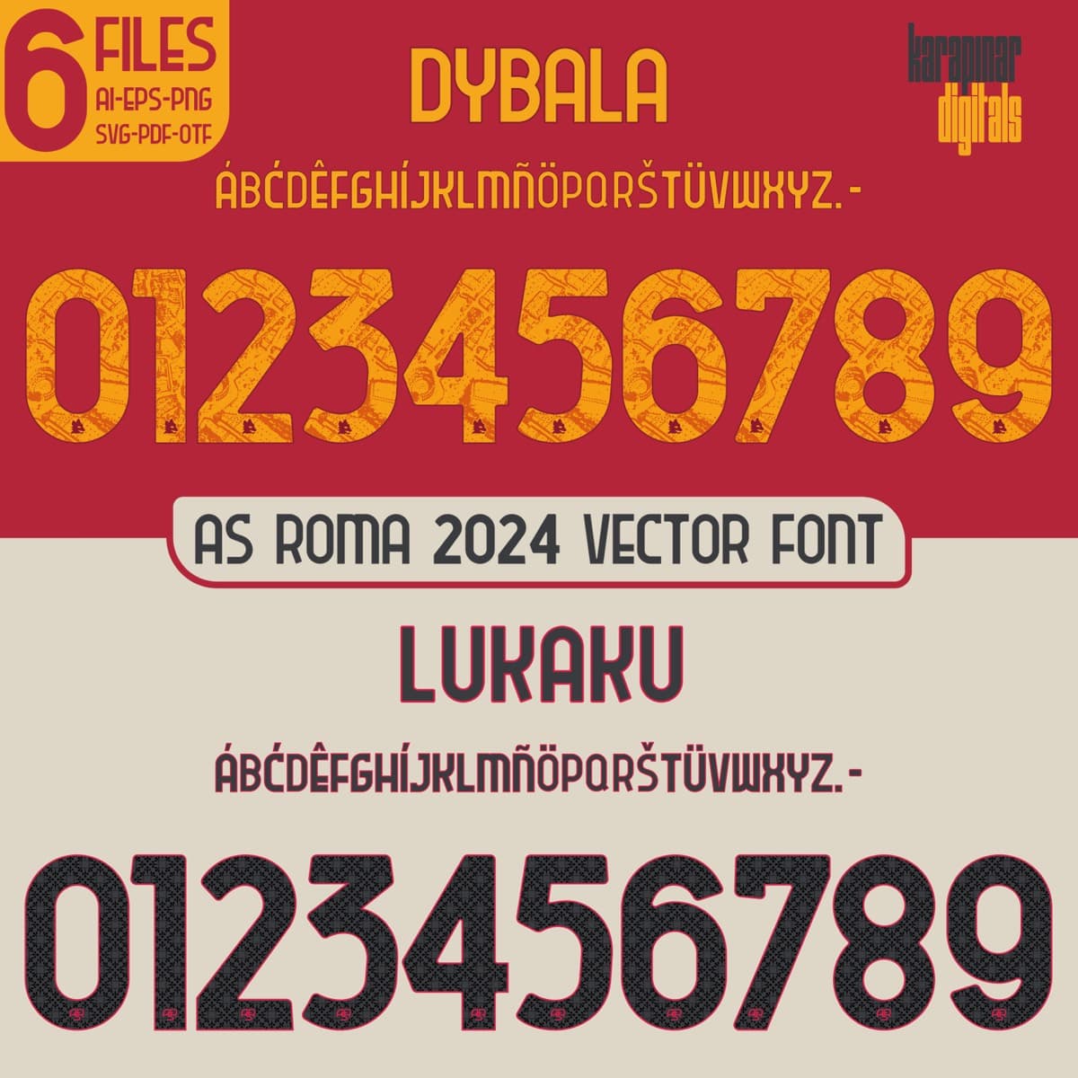 AS Roma 2024 football jersey font for AS Roma — vector letters and numbers preview