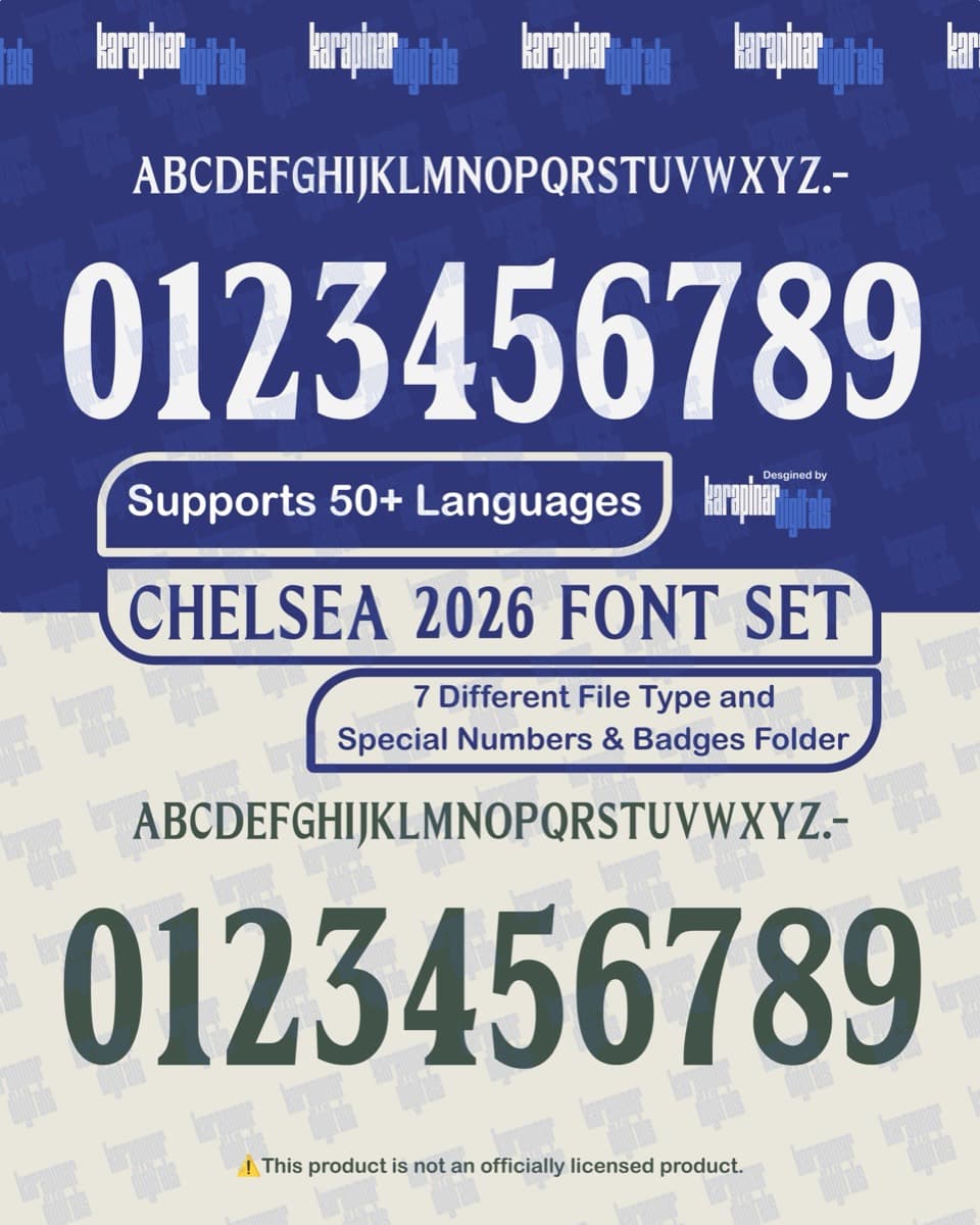 Chelsea 2026 football jersey font for Chelsea — vector letters and numbers preview