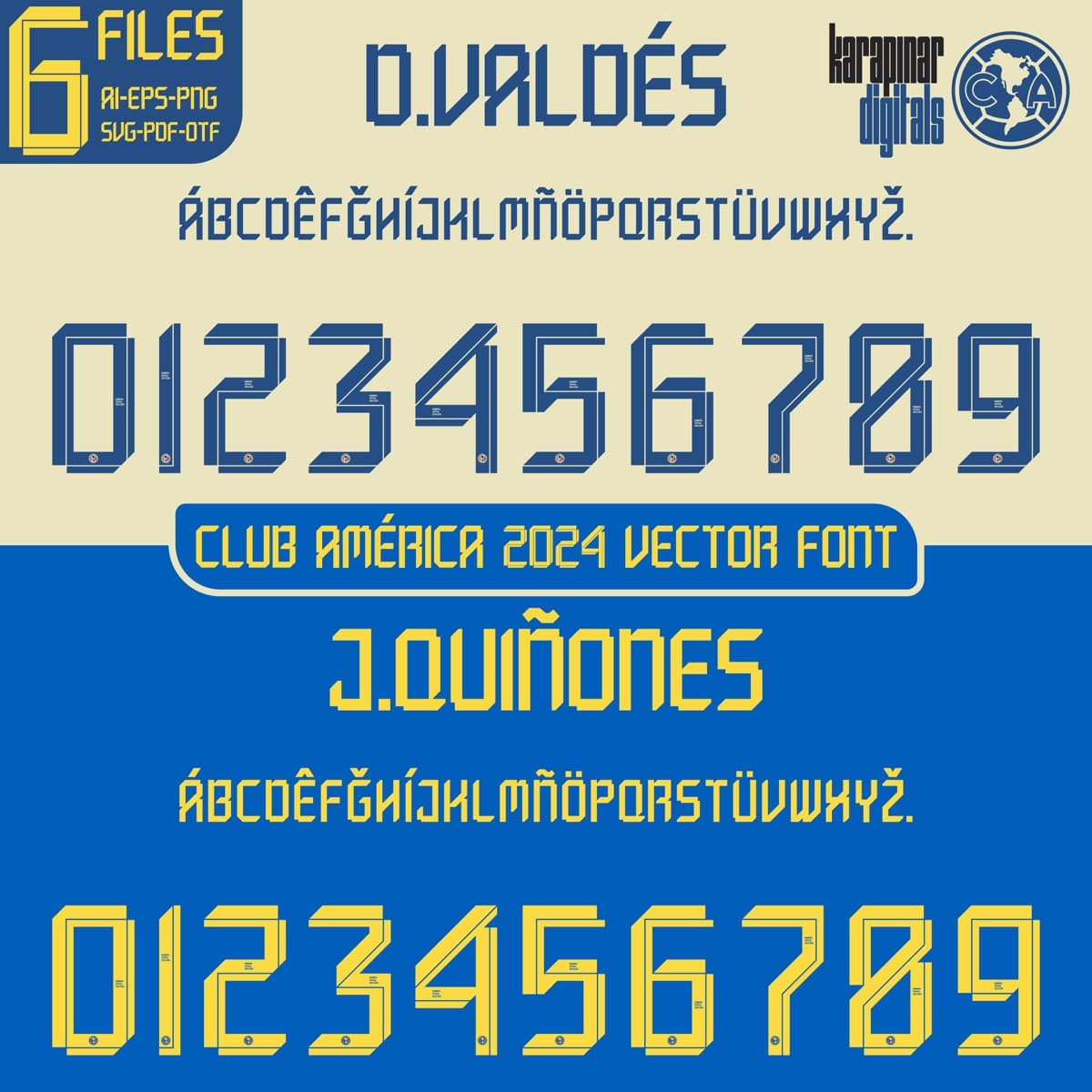 Club América 2024 football jersey font for Club América — vector letters and numbers preview