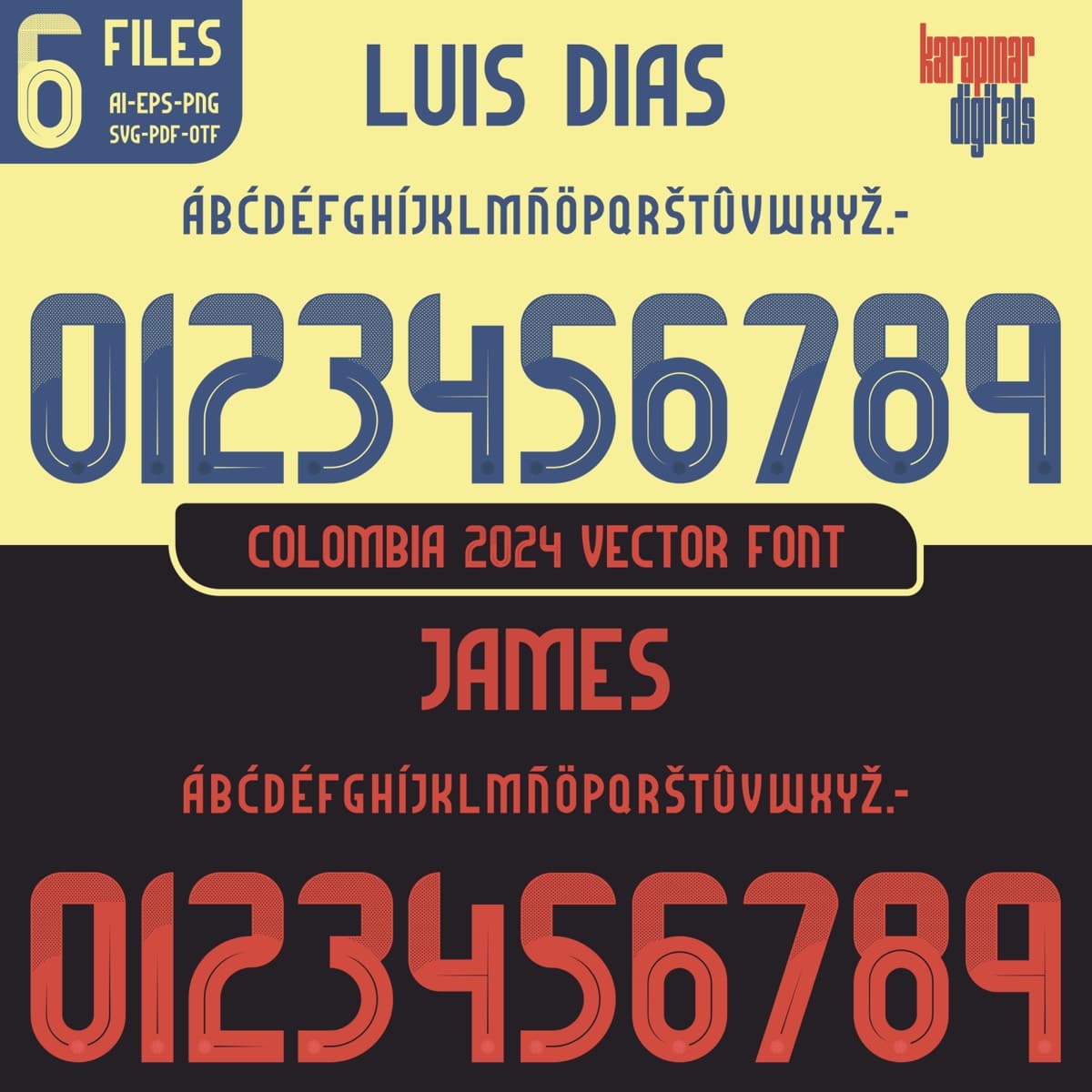 Colombia 2024 football jersey font for Colombia National Team — vector letters and numbers preview