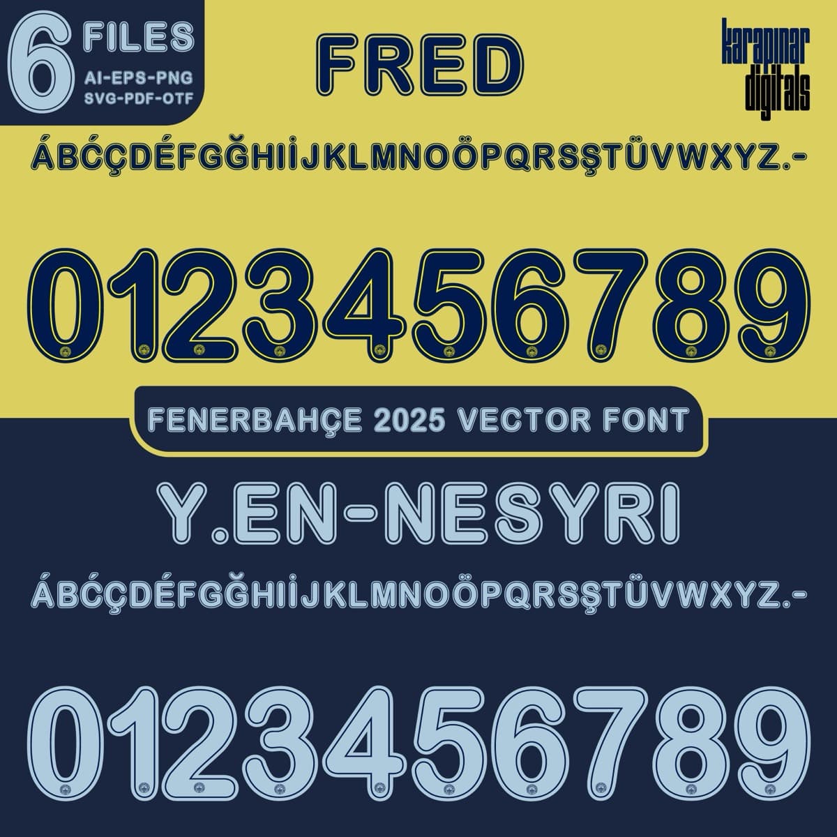 Fenerbahçe 2025 football jersey font for Fenerbahçe — vector letters and numbers preview