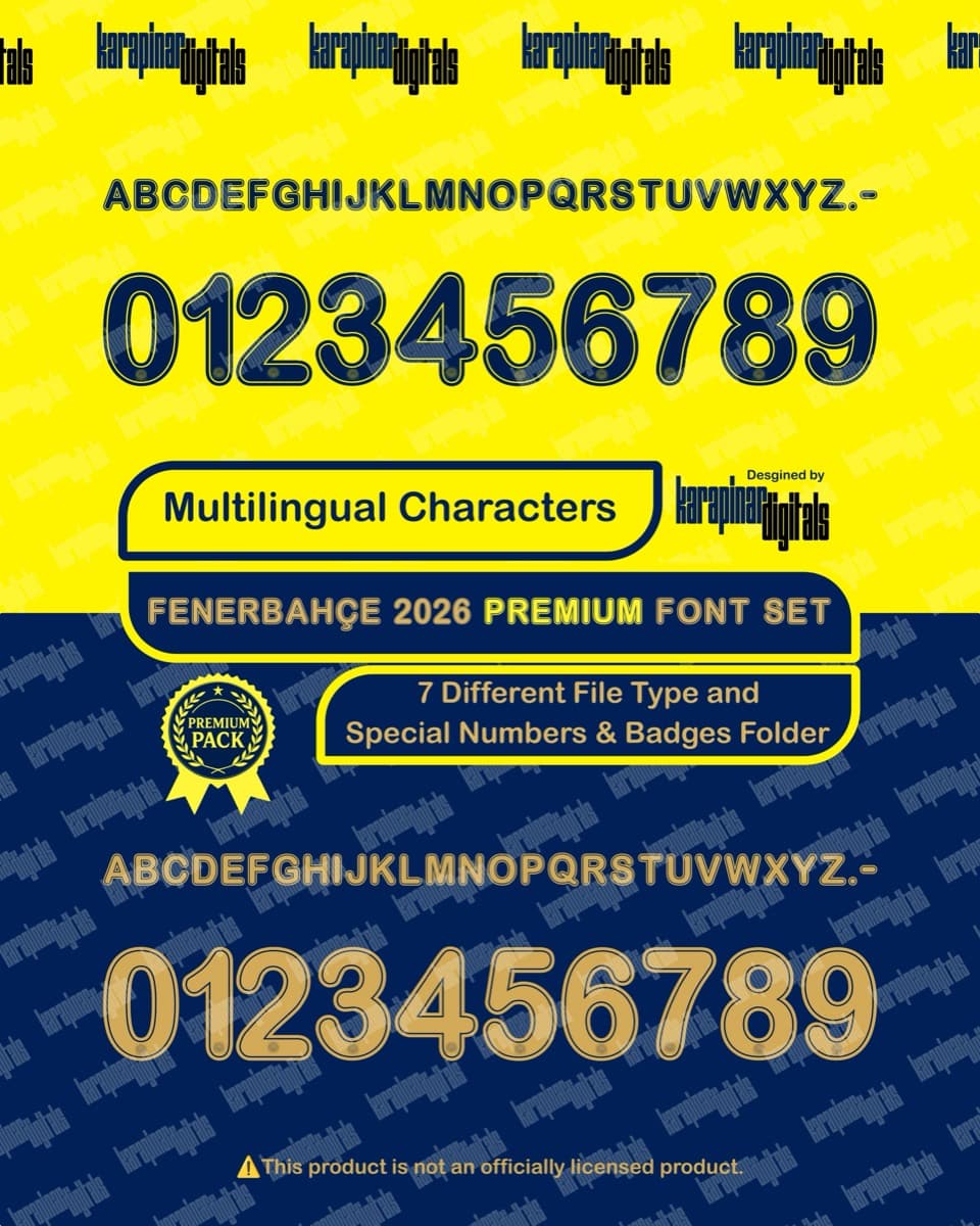 Fenerbahçe 2026 football jersey font for Fenerbahçe — vector letters and numbers preview