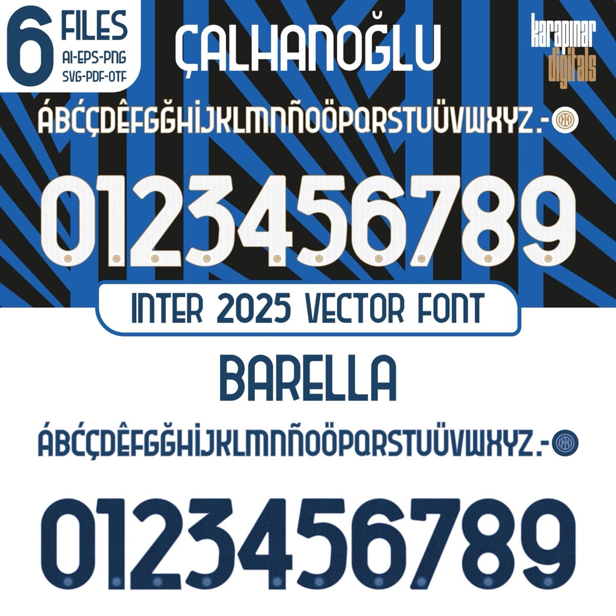 Inter 2025 football jersey font for Inter Milan — vector letters and numbers preview