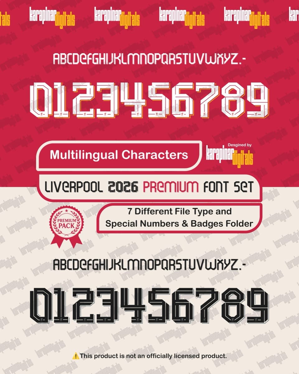 Liverpool 2026 football jersey font for Liverpool — vector letters and numbers preview