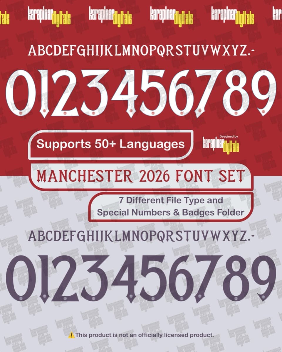 Manchester United 2026 football jersey font for Manchester United — vector letters and numbers preview
