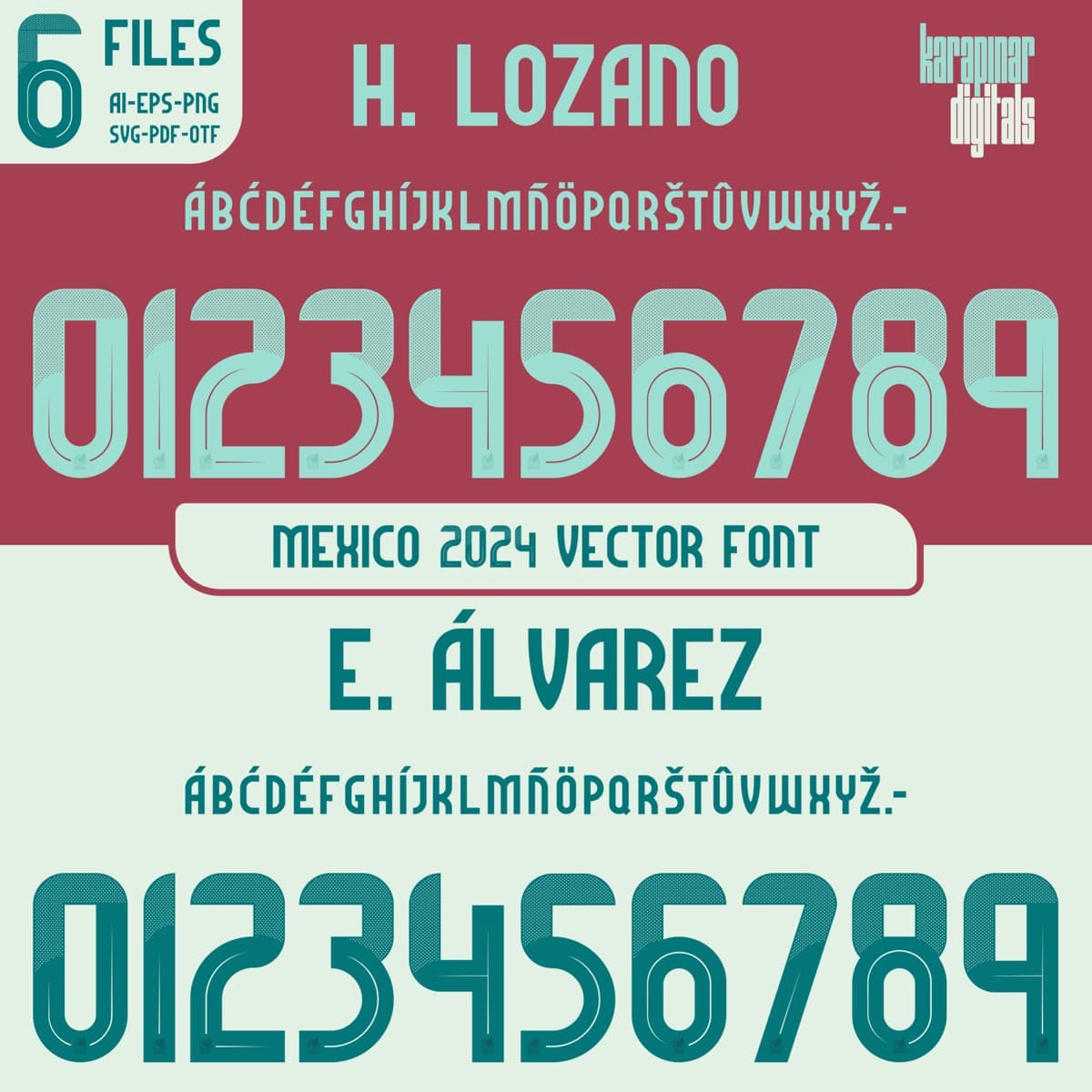 Mexico 2024 football jersey font for Mexico National Team — vector letters and numbers preview