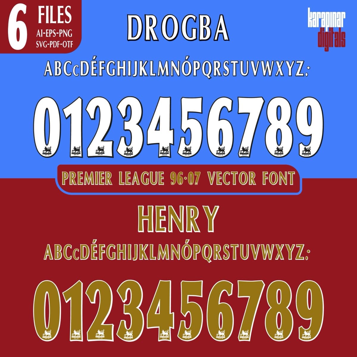 Premier League 1996–2007 football jersey font for Premier League Retro — vector letters and numbers preview