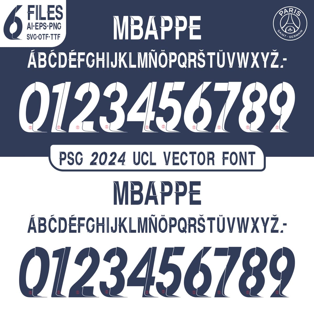 PSG UCL 2024 football jersey font for Paris Saint-Germain — vector letters and numbers preview