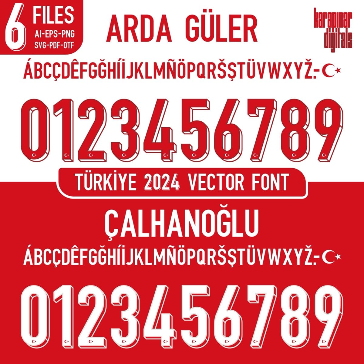 Türkiye EURO 2024 football jersey font for Türkiye National Team — vector letters and numbers preview