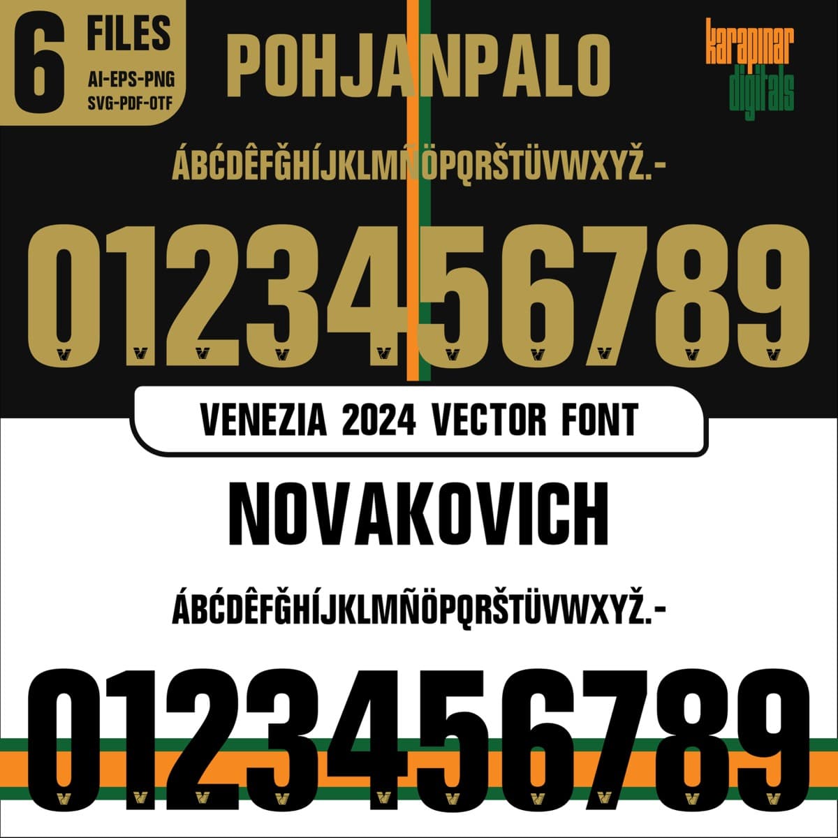 Venezia FC 2024 football jersey font for Venezia FC — vector letters and numbers preview